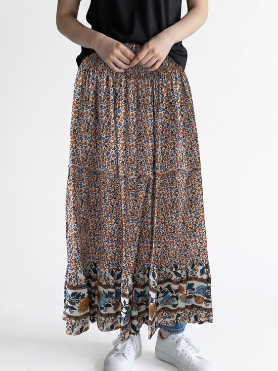 Dresses & Skirts - Floral Boho Tiered Maxi Skirt with Elastic Waist and Pockets, Small